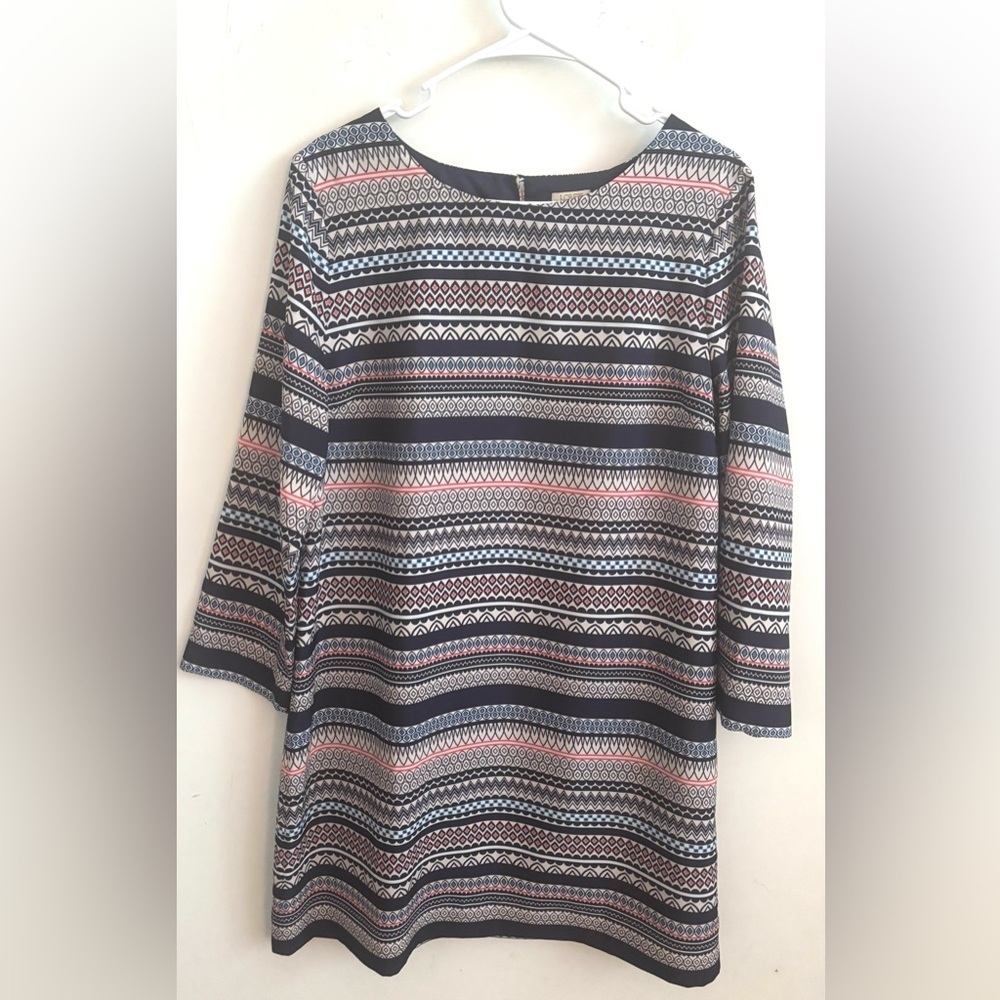 J.crew Dress mini Tribal Geometric Print Shift Navy Pink White 3/4 Sleeve Boho